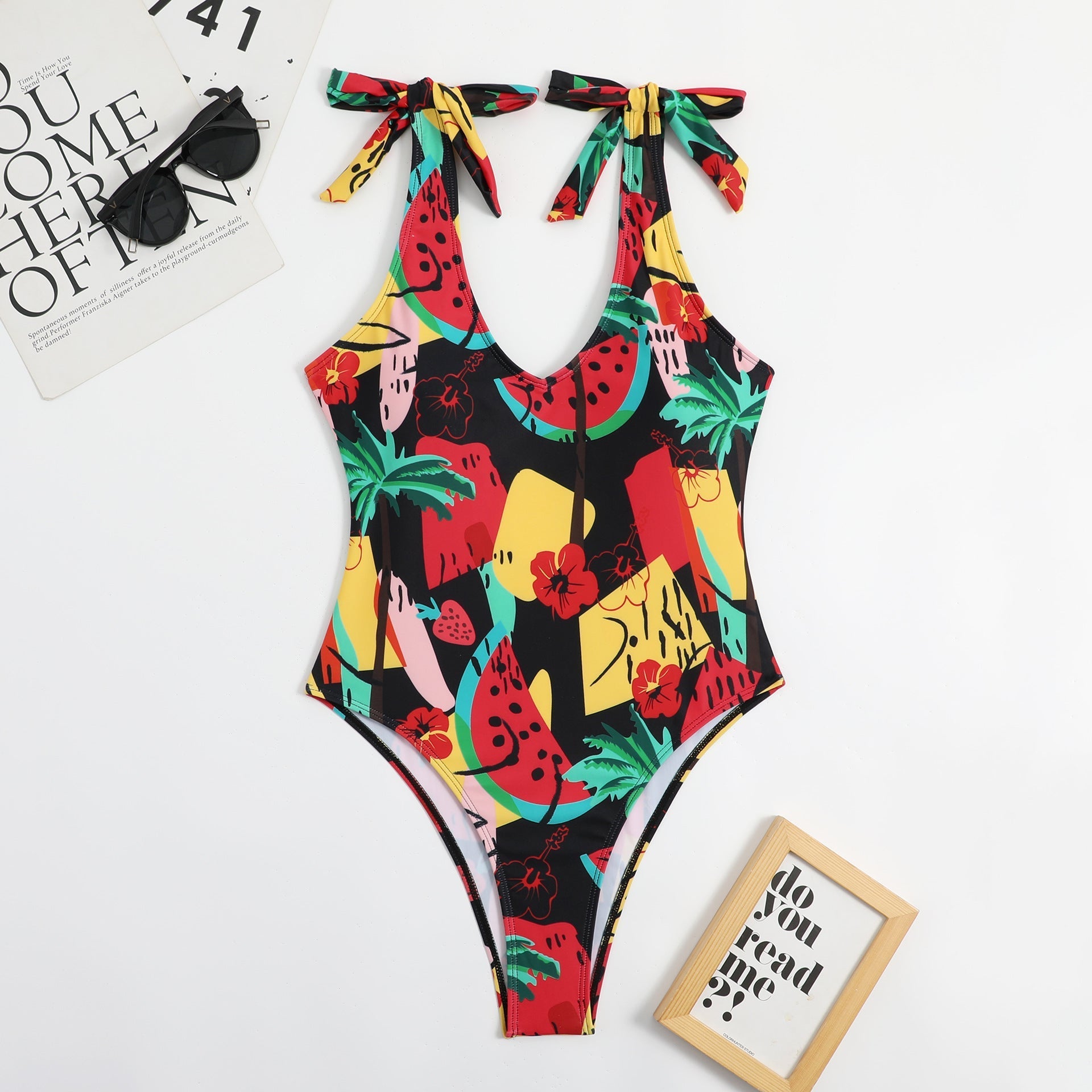 Multi Color Printed Heart Collar Bow Ladies Triangle One Piece Beauty Back Sexy Swimsuit Bikini Bella Mia